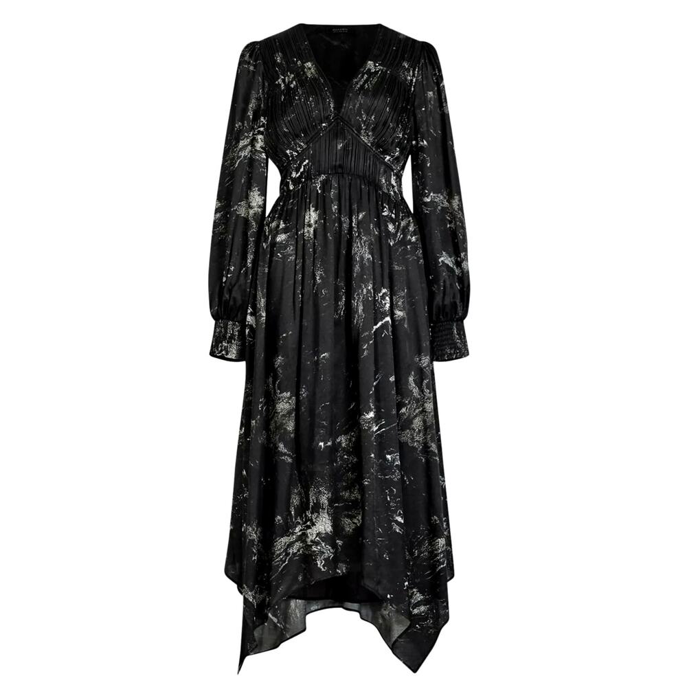AllSaints Estelle Titania Dress Black Metallic Print Pleated Maxi Dress US 2